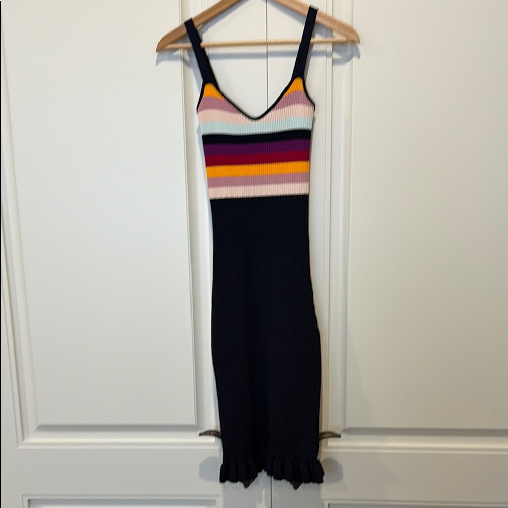 Striped Knit Tank Dress with Ruffle Hem - Navy & Multicolor